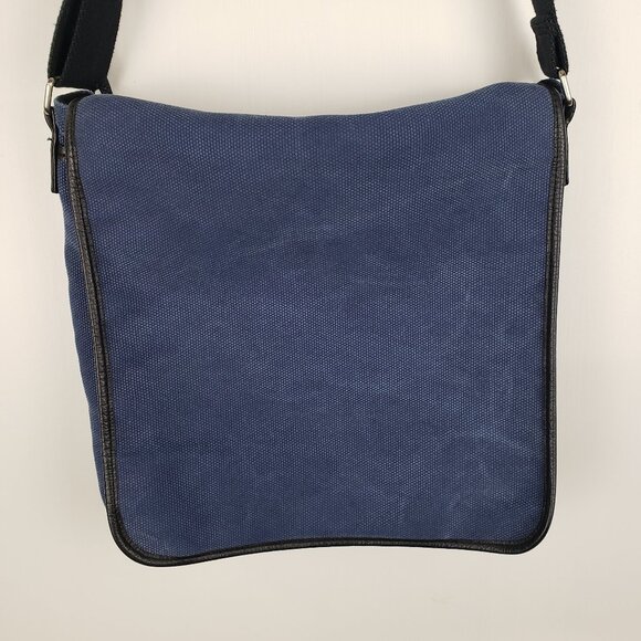 Levenger Metro Blue Canvas Leather Messenger Bag 13"x13" Shoulder Crossbody - Picture 2 of 14